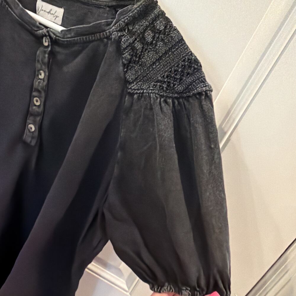 Wonderly Black Embroidered Button Front Cotton Knit Long Sleeve Blouse Medium - Picture 5 of 6